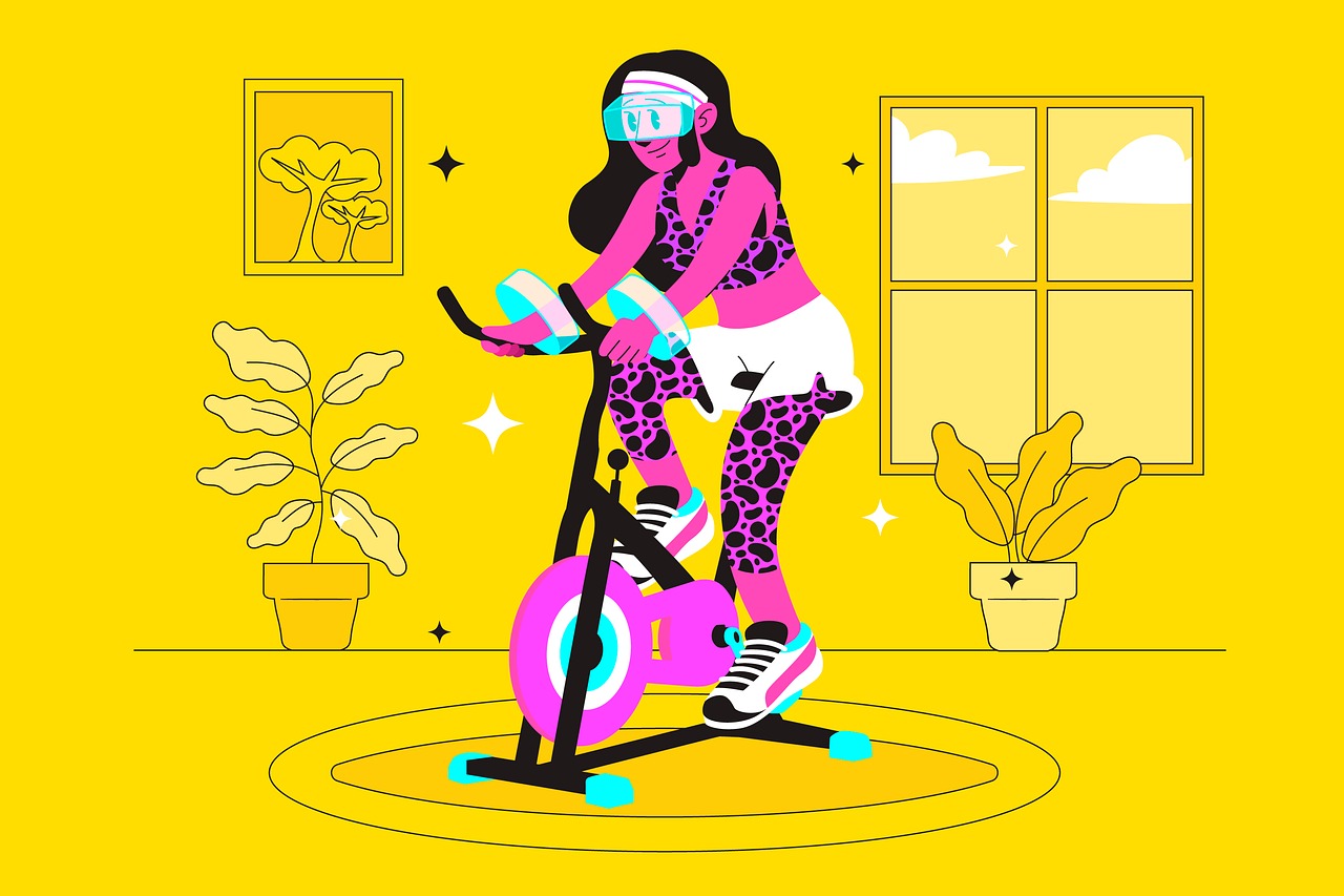 Exercise, stationary bike, indoors, plant, window, woman, yellow, color, modern, fitness, home, nature, active, stars, sport, workout, home gym, lifestyle, drawing, clothing