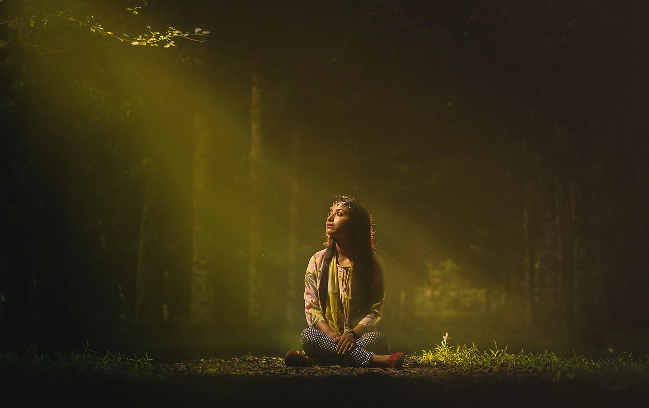 Woman, sitting, sunlight, sit, outdoors, nature, park, grass, grassland, sunrays, sunbeams, young woman, female, alone, solitude, solitary, girl, ground, light, long hair, long sleeves, model, scarf, 