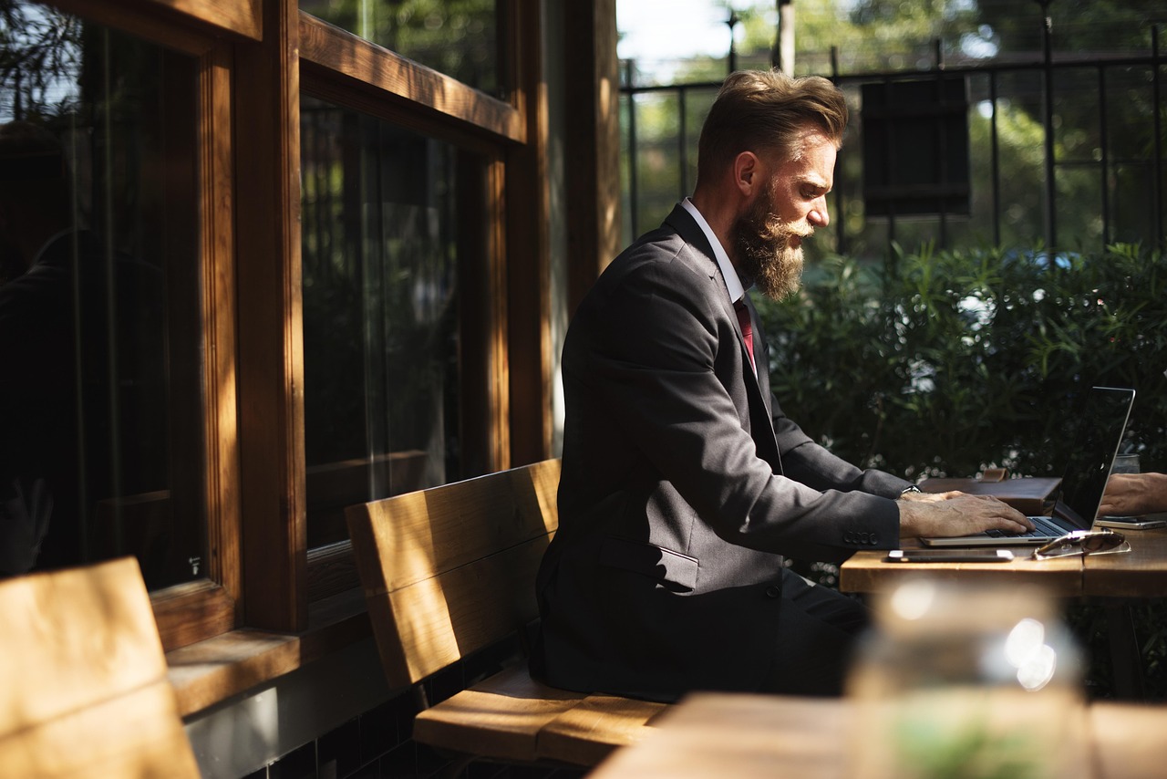 Beard, business, business people, cafe, coffee shop, communication, connection, corporate, internet, laptop, man, online, person, suit, table, typing, working, business, business, business, business,