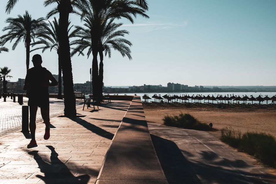 A man jogging along a beach promenade lined with palm trees under a clear sky, capturing a serene coastal vibe.