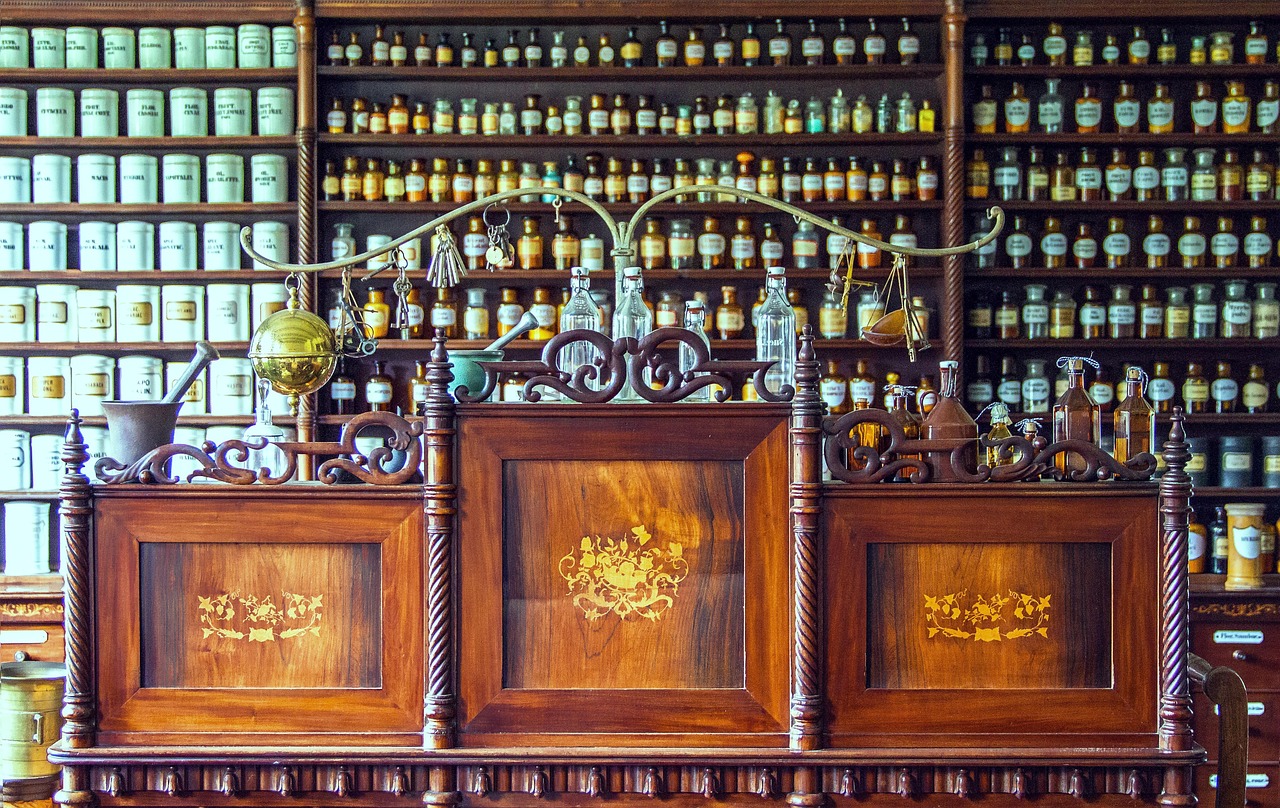 pharmacy, counter, medicine, historical pharmacy counter, wooden counter, glass bottles, flask glasses, kiel, molfsee, counter with inlays, medical gl