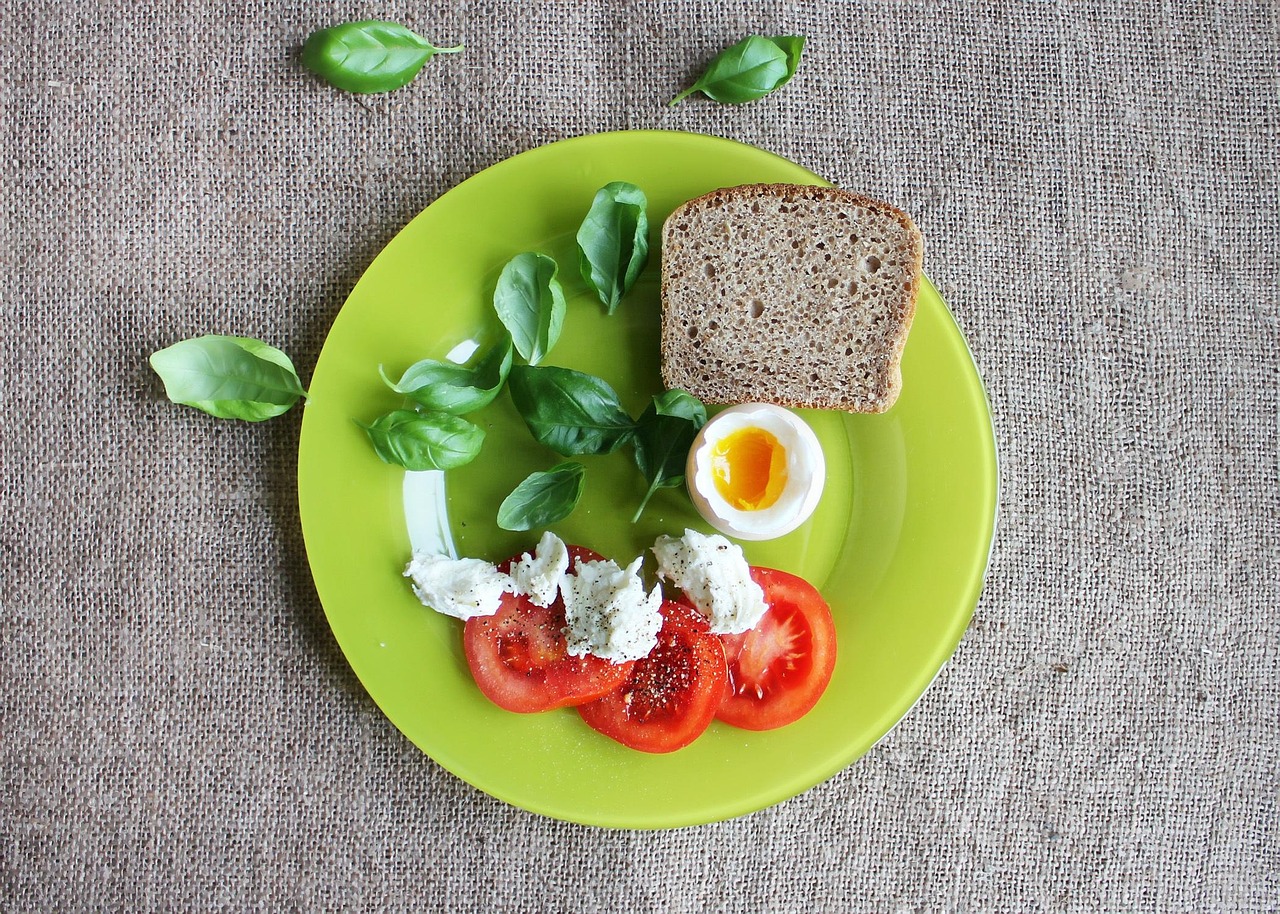 tomatoes, eggs, toast, dish, plate, food, fresh, basil leaves, slice of bread, tomato slices, healthy, boiled egg, soft boiled egg, healthy food, heal