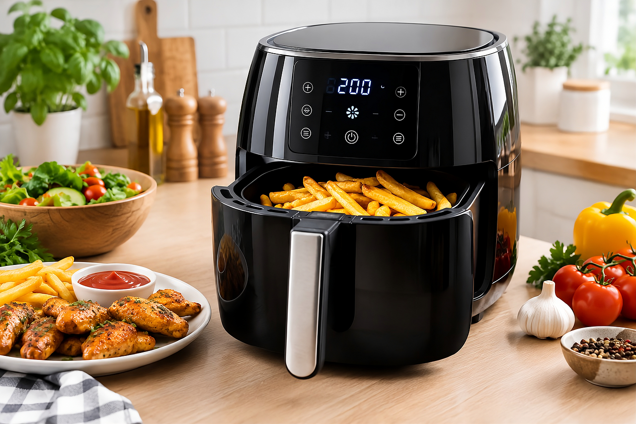 air fryer, kitchen appliance, healthy cooking, fries, grilled chicken, modern kitchen, countertop, home cooking, fresh food, kitchen equipment, meal p