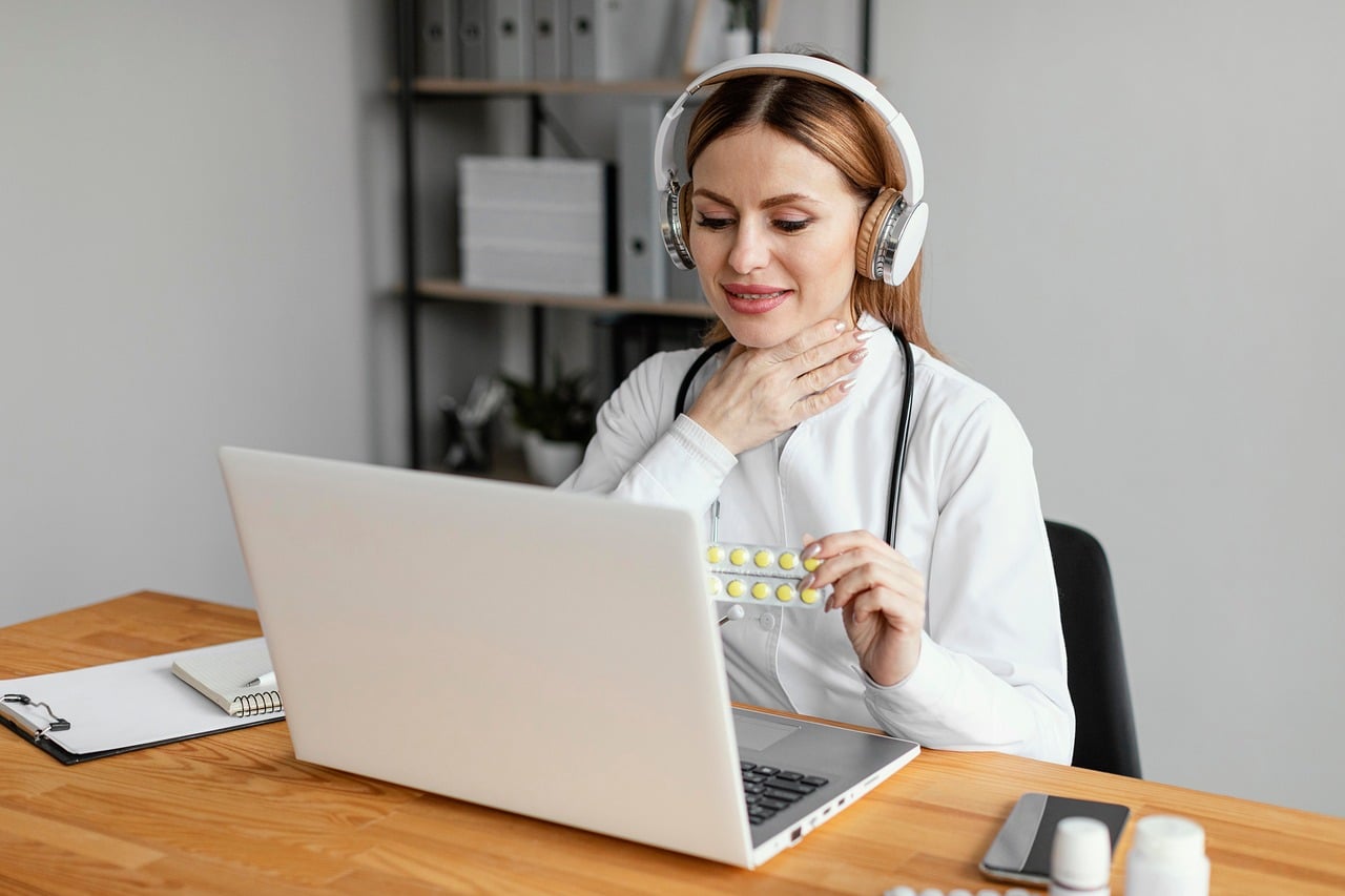 doctor, headphones, capsules, video call, computer, desk, workspace, healthcare, telemedicine, medication, sore throat, home office, video conferencin