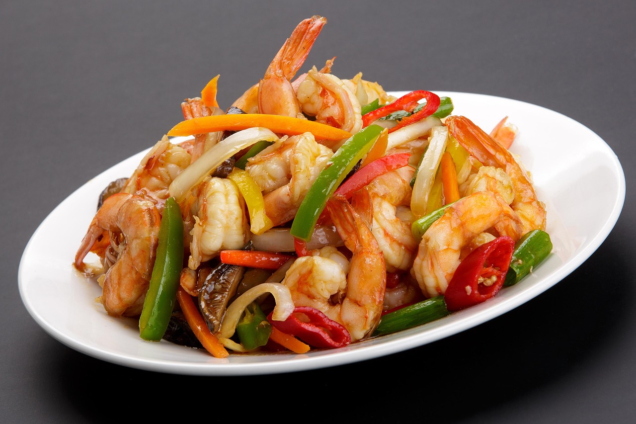 food, meal, vegetable, dinner, dish, chinese shrimp