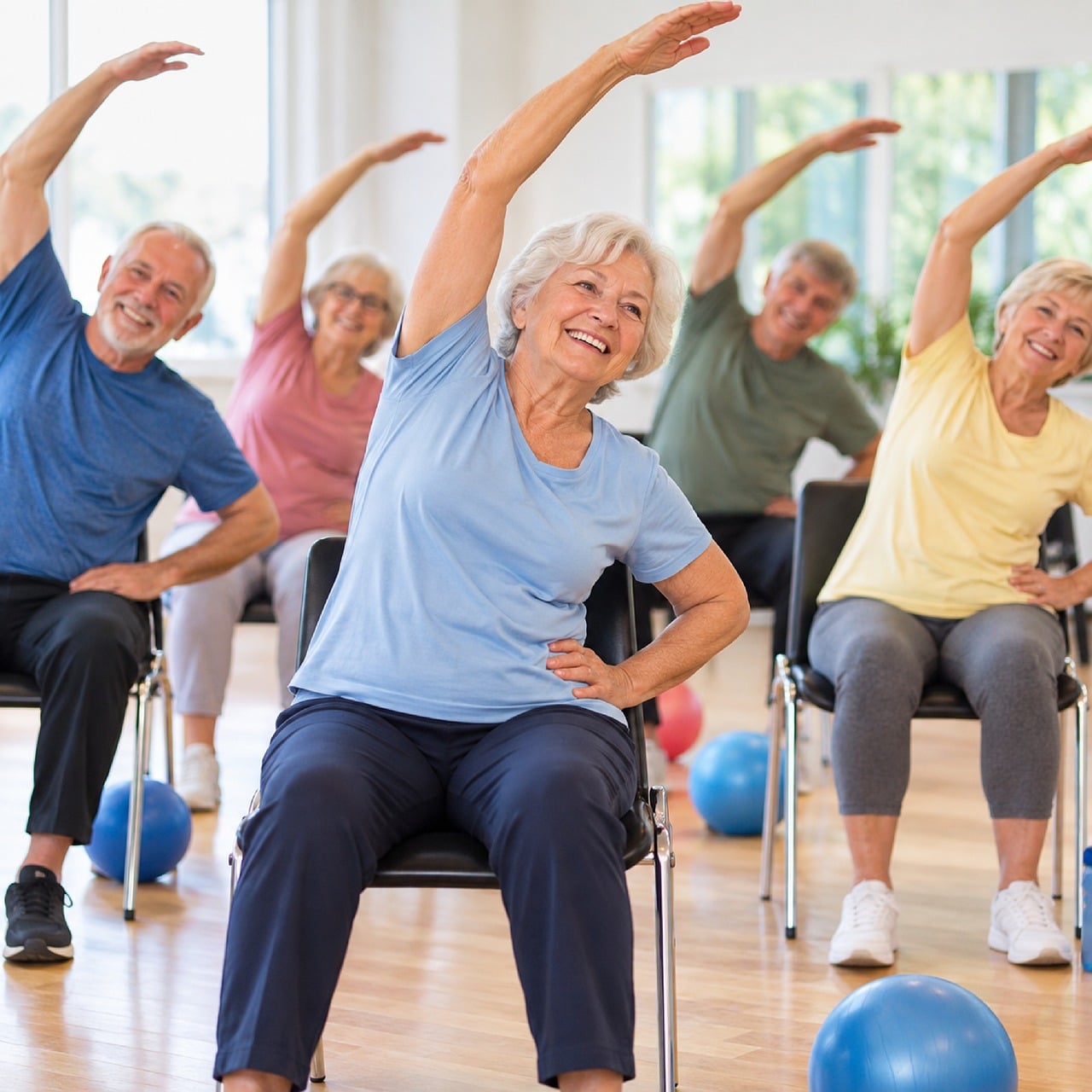 seniors, exercise, fitness, chair yoga, senior health, nature, summer, group workout, health fitness, senior program, active lifestyle, smiling faces,