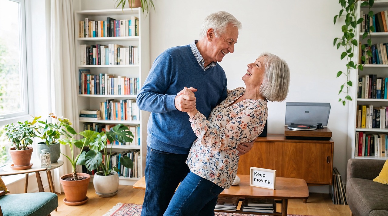 Dancing, couple, home, joy, senior, love, music, retirement, living, room, happiness, marriage, activity, lifestyle, together, indoor, fun, aging, romance, movement, ai generated