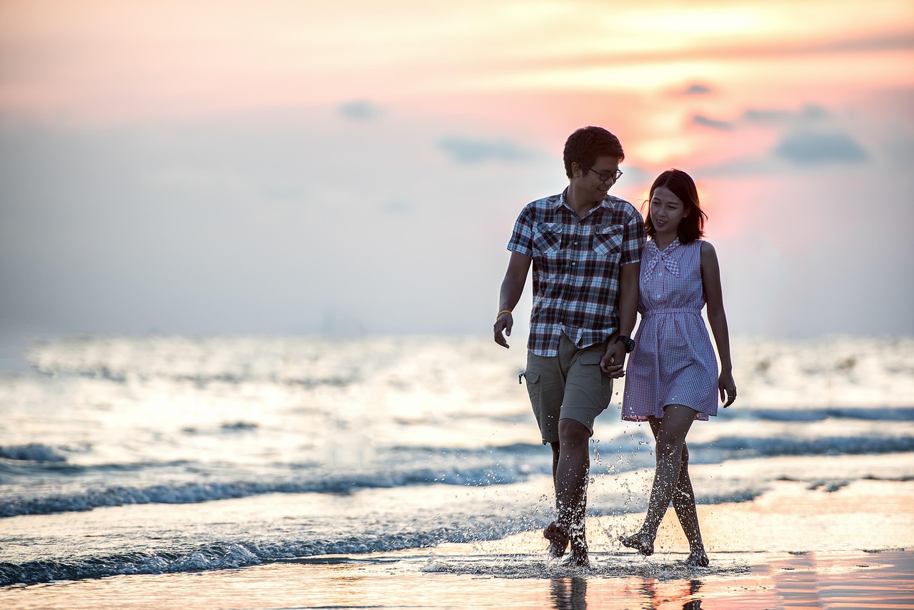 Happy valentines day, couple, holding hands, beach, lovers, affection, walk, walking, together, walking together, asian couple, shore, seashore, affectionate, happy couple, love, outdoor, smiling, nat