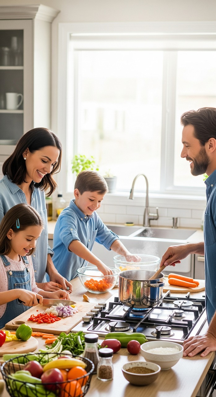 Family, cooking, kitchen, children, together, healthy food, fun, appetizing, fresh vegetables, food preparation, collaboration, home environment, happy family, dad, mom, kitchen tools, eggs, domestic