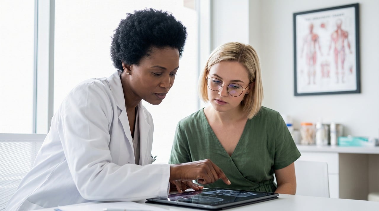 Consultation, doctor, patient, tablet, healthcare, modern, lab coat, trust, scientific, posture, discussion, technology, examination, explanation, clinic, encouragement, diagnosis, analysis, results,