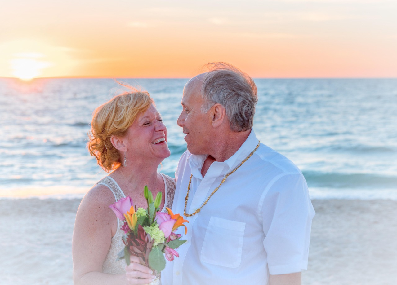 Beach wedding, happy couple, sunset, ocean, beach, smiling, people, person, flowers, love, flower wallpaper, bride, groom, beautiful flowers, woman, romantic, man, marriage, nature, dress, together, r