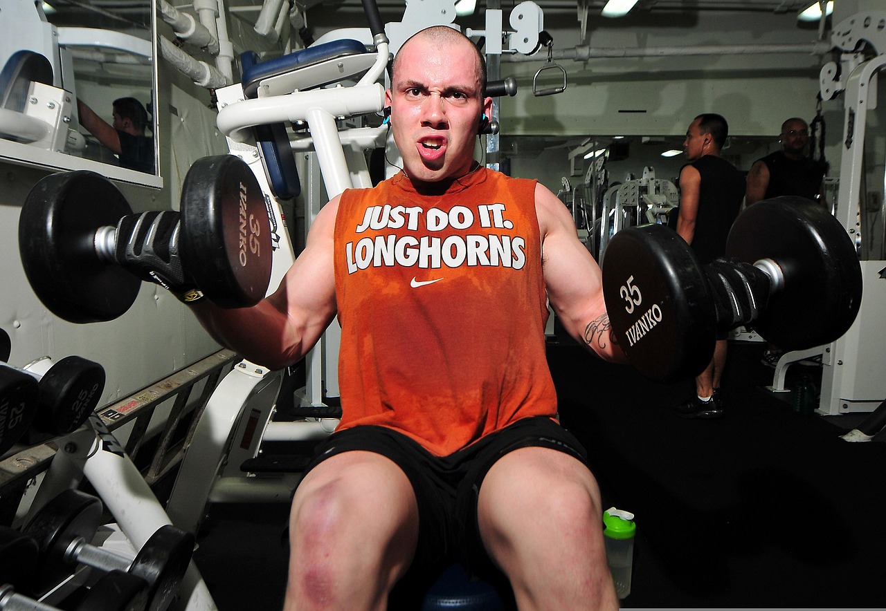 Bodybuilding, dumbbells, gym, weights, weight training, fitness, fitness room, equipment, elliptical trainer, physical condition, burn calories, sports, tone up, sporty, man, athletic, sweat, motivati