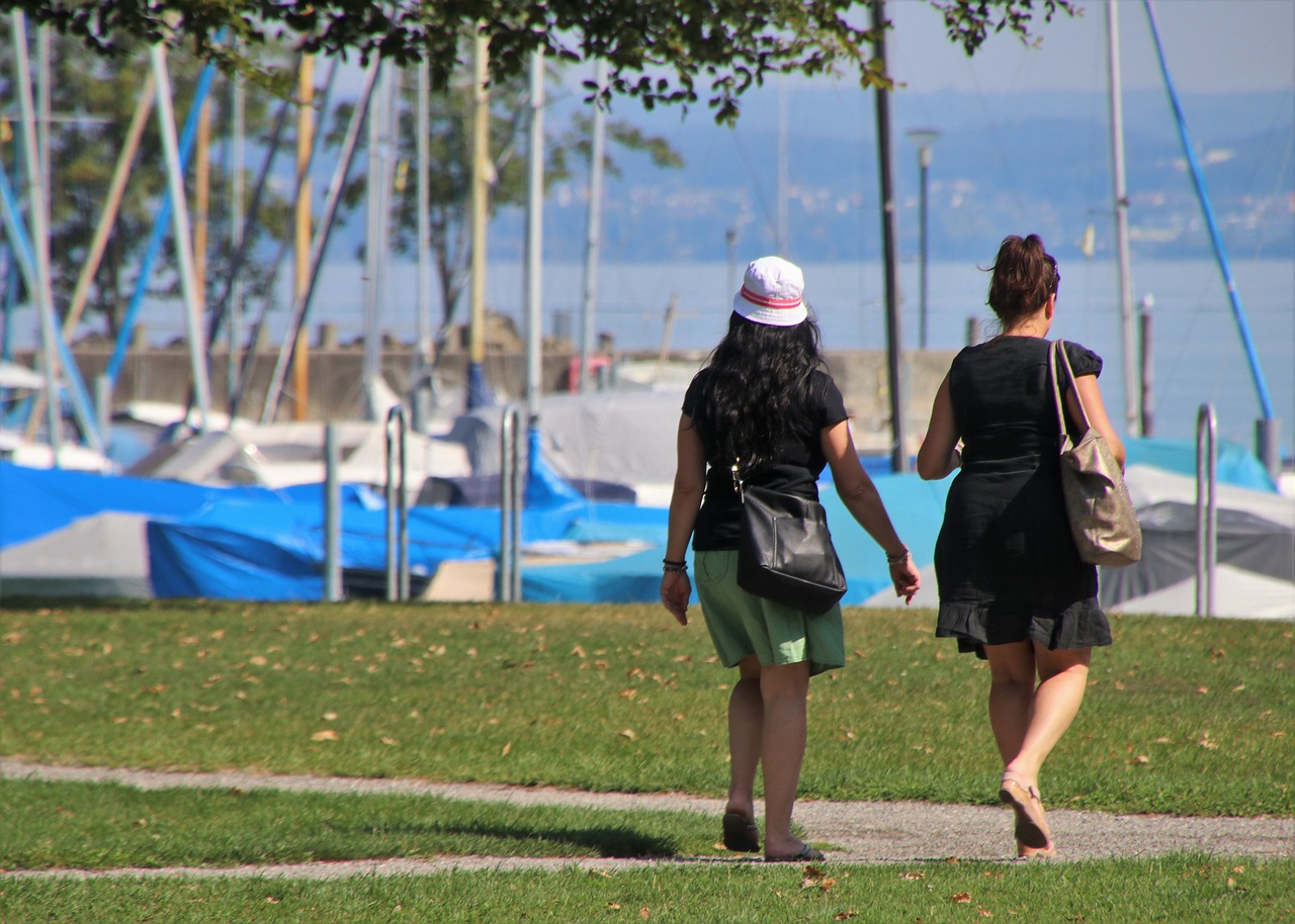 Walking in a spring, two, she, port, lake, sailboats, beach, romanshorn, luck, park, adult, nature, girl, walk, young, sunny day, friends, may, bodensee, hat, legs, sailing mast, woman walk, mode
