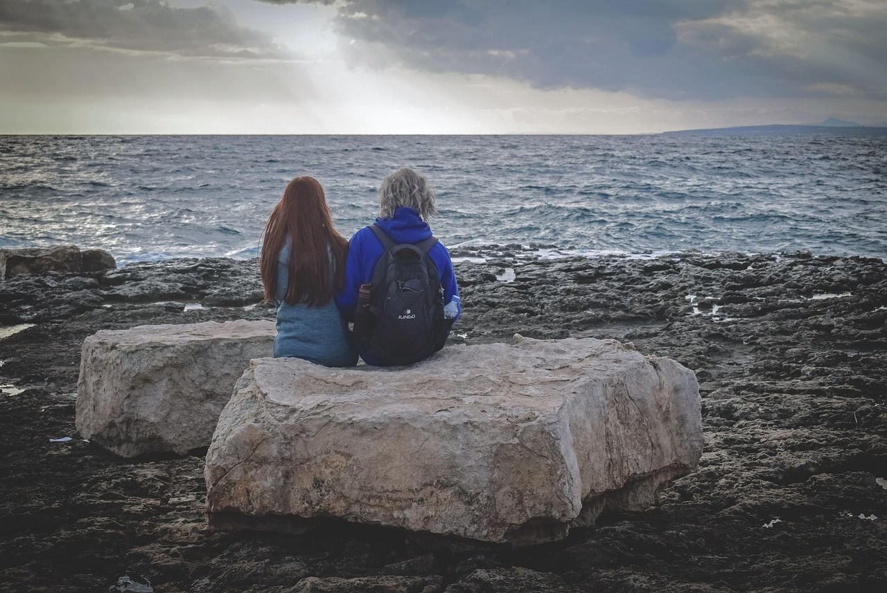 Friends, women, beach, seaside, enjoying nature, outdoors, together, nature, sea, sky, clouds, horizon