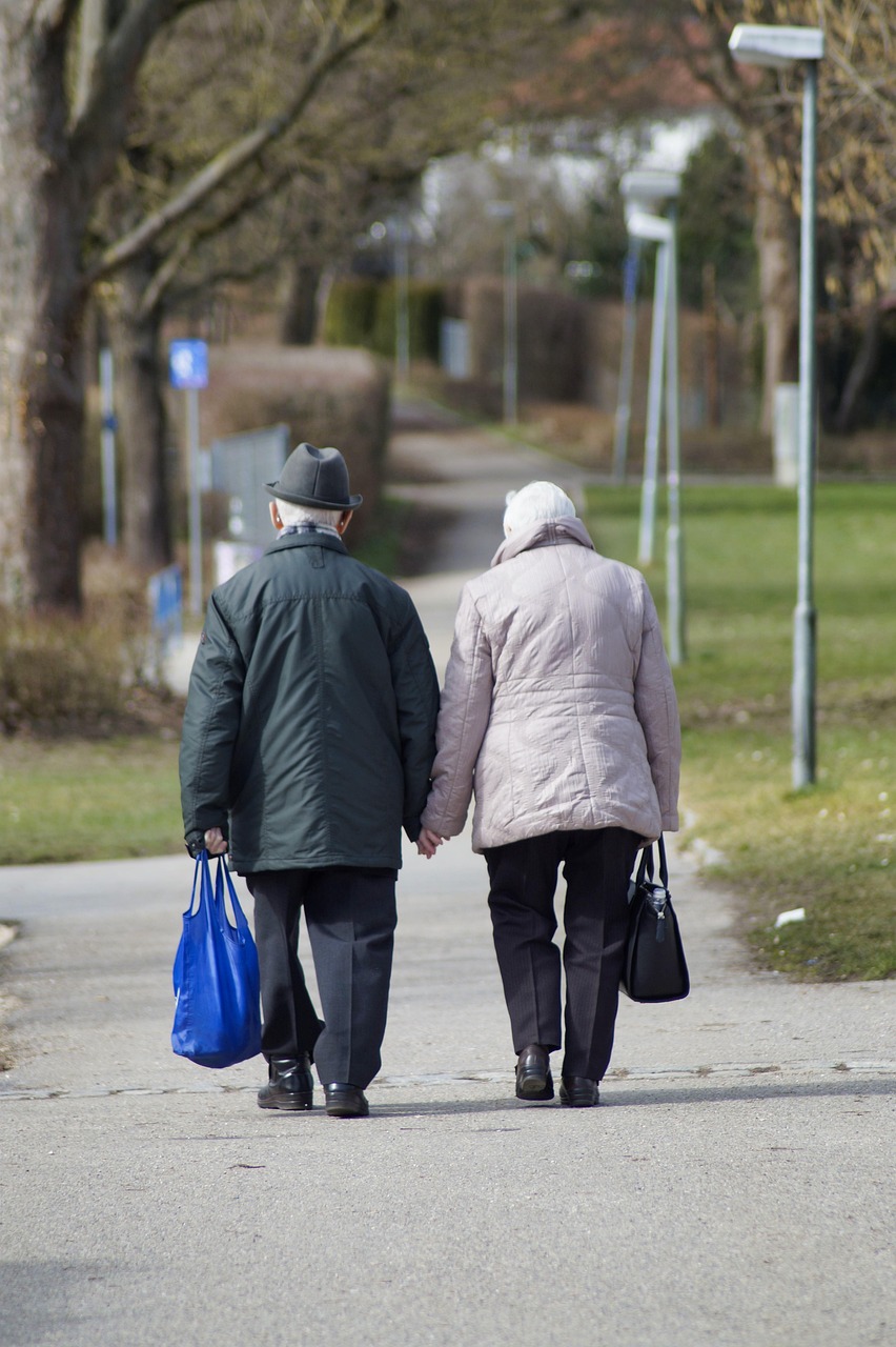 Old people, man, woman, love, nature, path, walk, harmony, hand in hand, arm-in-arm, people, pair, togetherness, together, as a couple, older, old, relationship, man and woman, silhouettes, lovers, fa