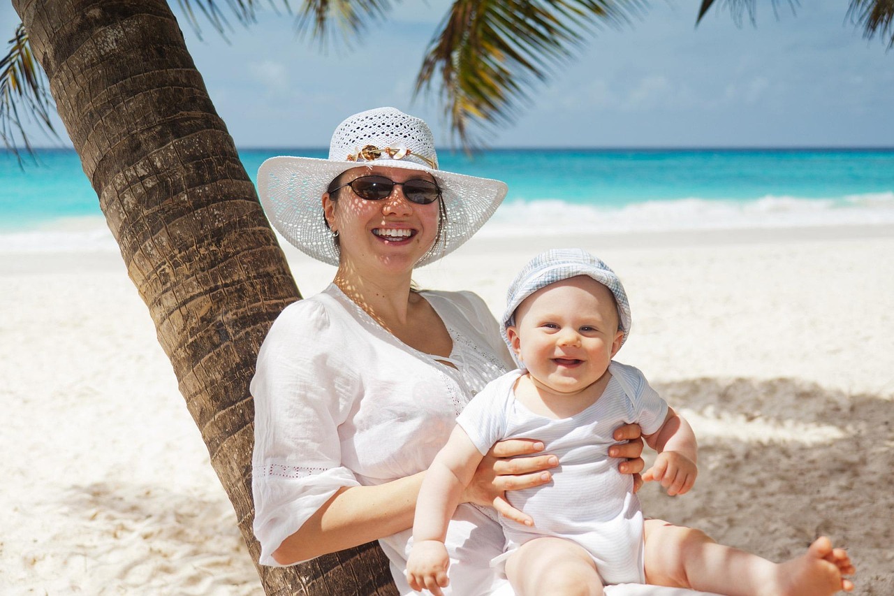 Blue, summer, woman, mom, people, joy, boy, nature, child, vacation, tropical, water, baby, bright, sea, mother, fun, portrait, smiling, toddler, beach, happy