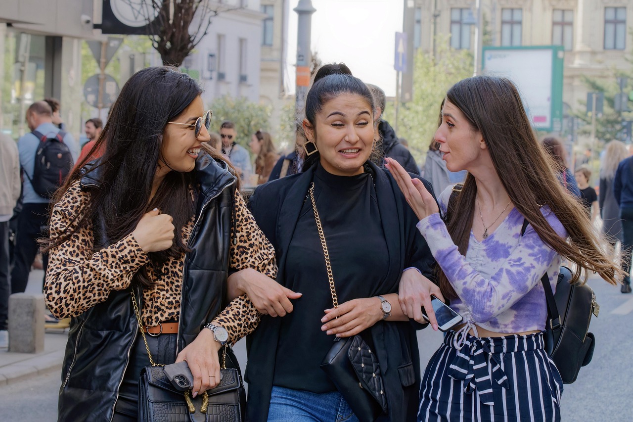 People, women, casual, happy, laughing, walking, together, promenade, street, urban, lifestyle, relaxation