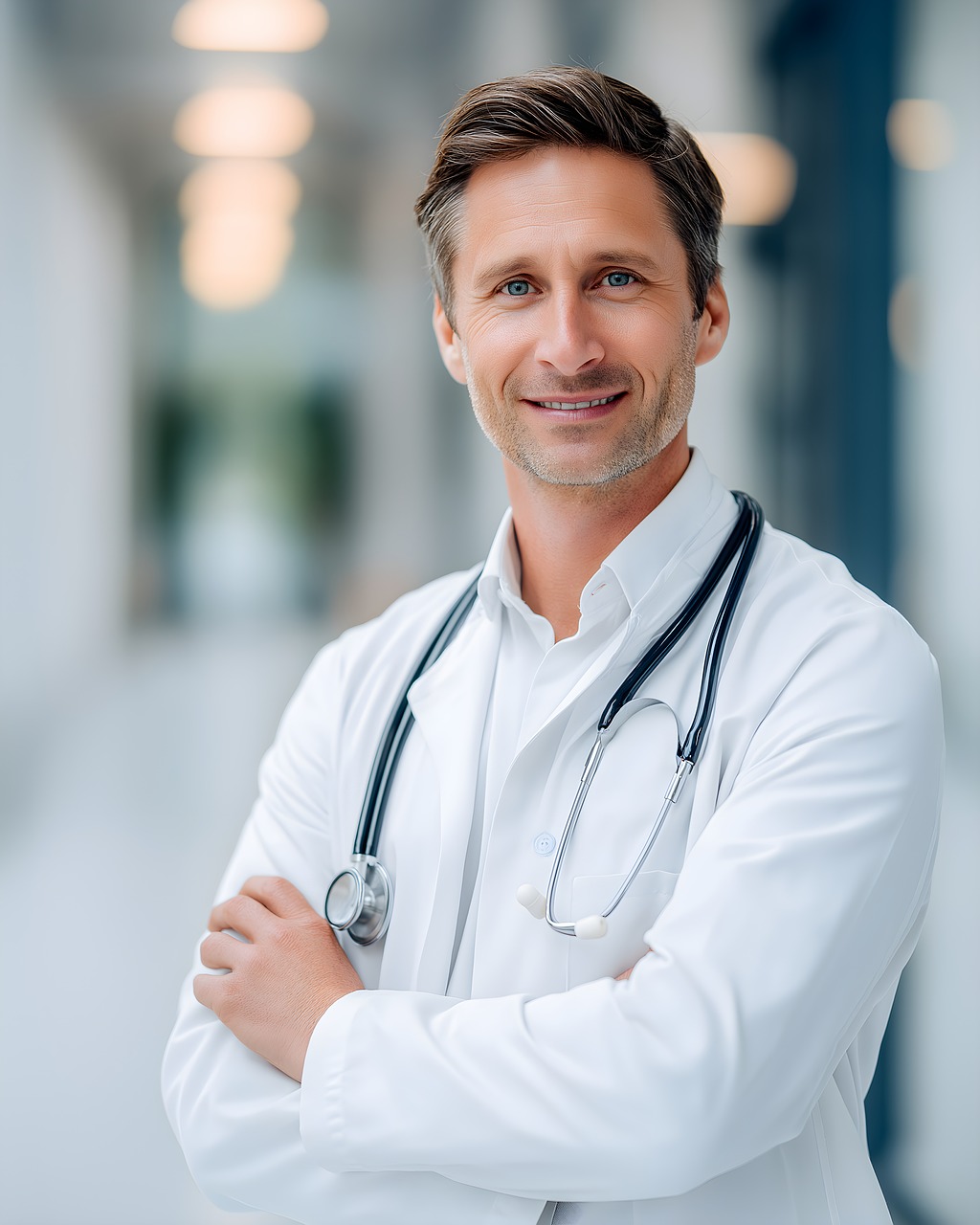 Doctor, hospital, hallway, stethoscope, smile, medical, healthcare, professional, male, staff, corridor, patient, care, health, medicine, clinical, confident, smiling, hygiene, treatment, ai generated