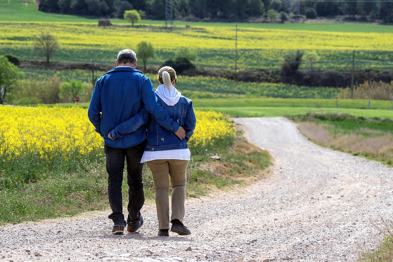 Walk, couple, path, rural, man and woman, flower background, together, exercise, health, love, romance, romantic, relax, nature, landscape, meadows, field, spring, beautiful flowers, flower wallpaper,